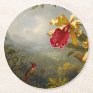 Posavasos Redondo De Papel Orquids y Hummingbird Heade