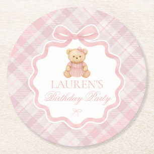 Posavasos Redondo De Papel Oso de lazo coqueto rosa Plaid Cumpleaños