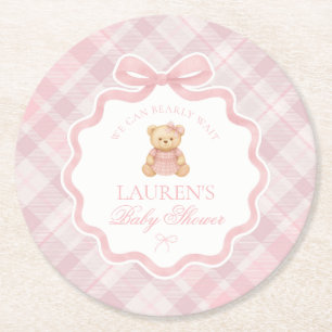 Posavasos Redondo De Papel Oso de lazo Coquette rosa Cumpleaños Plaid
