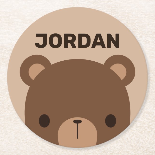Posavasos Redondo De Papel Oso marrón lindo con nombre personalizado (Anverso)