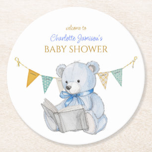 Posavasos Redondo De Papel Oso personalizado leyendo un libro Baby Shower
