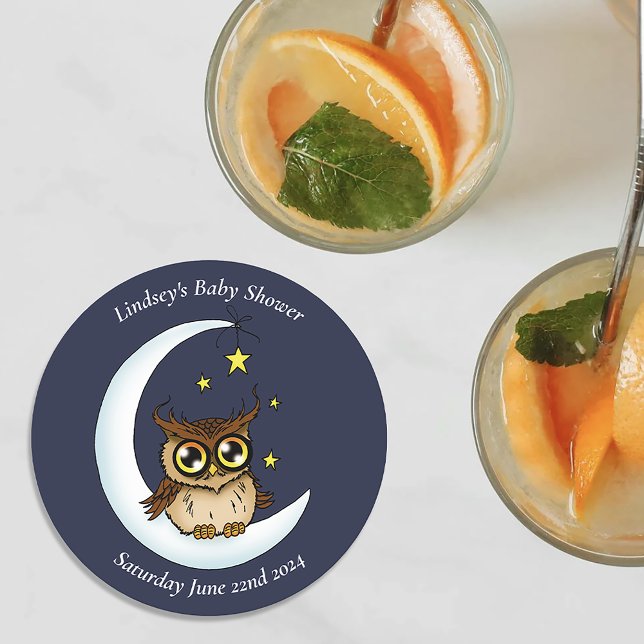 Posavasos Redondo De Papel Owl Moon Blue Cute Stars Baby Shower (Subido por el creador)