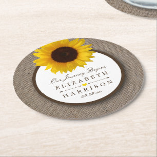 Posavasos Redondo De Papel País Rústico Girasol y Boda Burlap