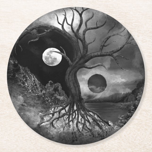 Posavasos Redondo De Papel Paisaje en blanco y negro del árbol Yin Yang (Anverso)