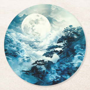 Posavasos Redondo De Papel Paisaje místico de montaña bajo la luz de la luna
