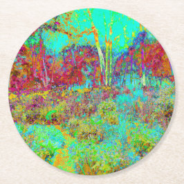 Posavasos Redondo De Papel Paisaje psicodélico de Oro Otoño y Jardín de Aqua
