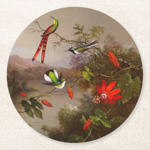 Posavasos Redondo De Papel Paisaje tropical con 10 Hummingbirds Heade