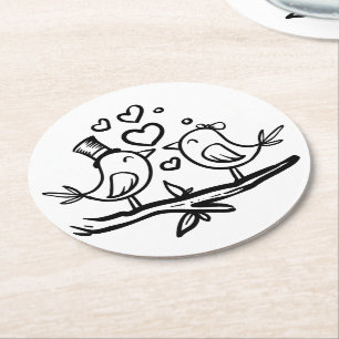 Posavasos Redondo De Papel Pájaros adorables de boda de negro y blanco