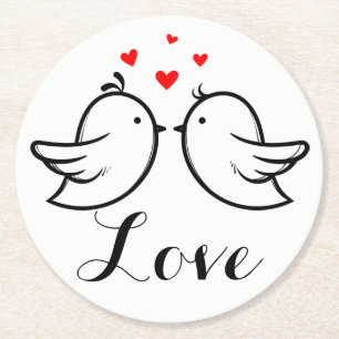 Posavasos Redondo De Papel Pájaros de Amor Rojos y Negros Fiesta de Boda