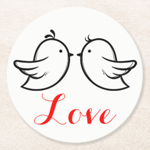 Posavasos Redondo De Papel Pájaros de Amor Rojos y Negros Fiesta de Boda