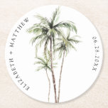 Posavasos Redondo De Papel Palm Tree Tropical | Boda mínimo<br><div class="desc">Las playas de arena y las brisas cálidas son el objeto de este diseño. Celebra tu tema boda tropical con nuestro sencillo y mínimo diseño de palmeras. Este diseño es totalmente personalizable y los colores se pueden intercambiar a su gusto.</div>