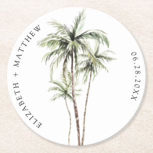 Posavasos Redondo De Papel Palm Tree Tropical   Boda mínimo
