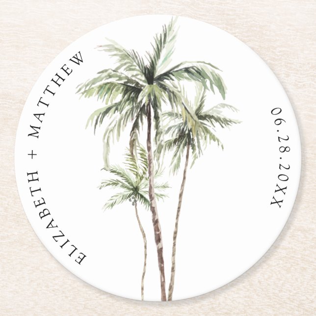 Posavasos Redondo De Papel Palm Tree Tropical | Boda mínimo (Anverso)