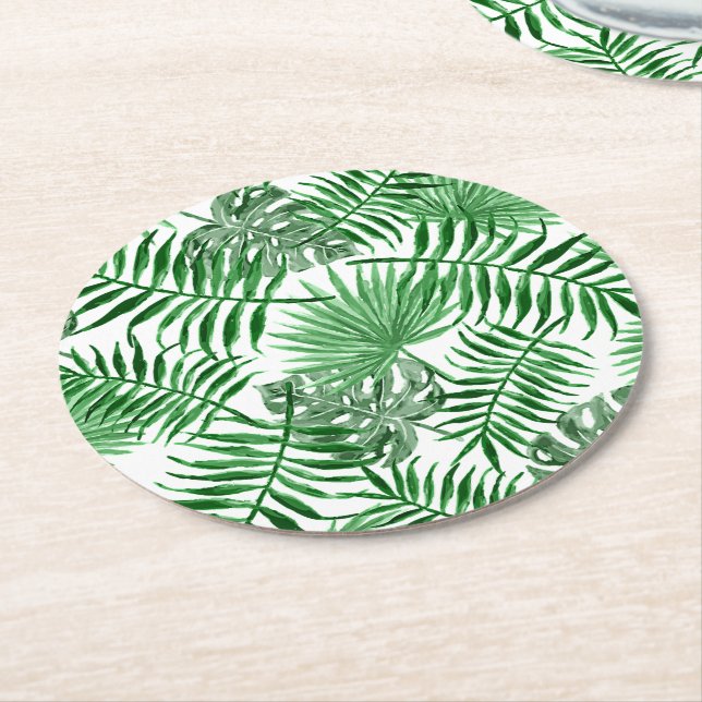 Posavasos Redondo De Papel Palm verde tropical deja patrón de arte de verano (En perspectiva)
