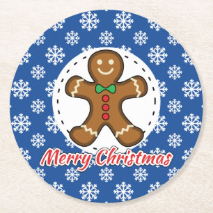 Posavasos Redondo De Papel Pan de jengibre - Patrón de copos de nieve azules 