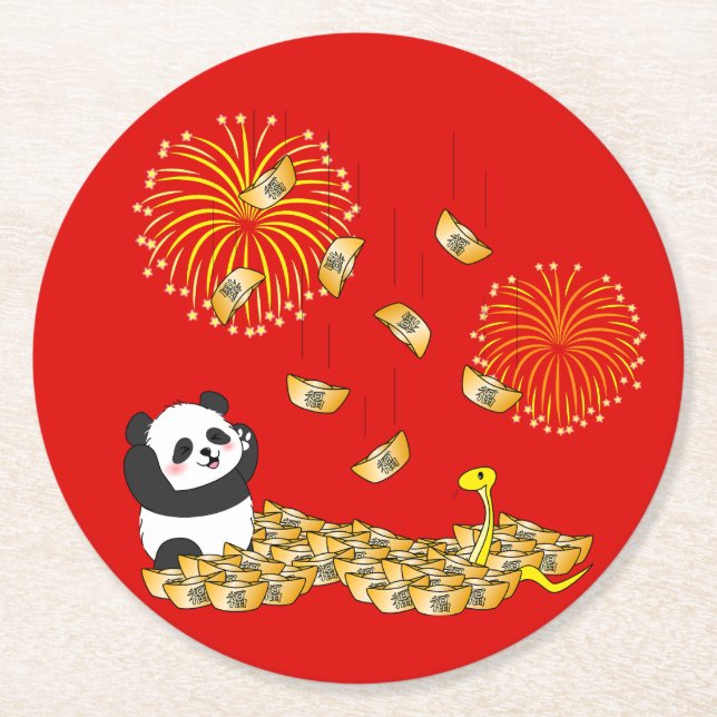Posavasos Redondo De Papel Panda del Año Nuevo Chino de la Serpiente 2025 (Anverso)