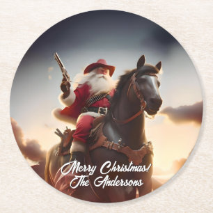 Posavasos Redondo De Papel Papá Noel pistolero montando a caballo Navidad