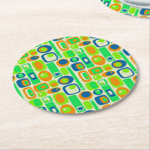 Posavasos Redondo De Papel Papel de fondo retro gracioso - azul verde naranja