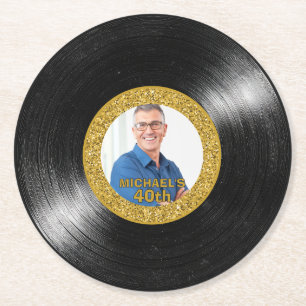Posavasos Redondo De Papel Papel de Vinilo Negro y Dorado para Cumpleaños 40