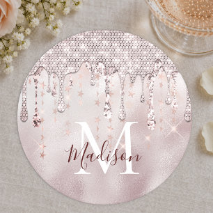 Posavasos Redondo De Papel Papel monograma chic rosa rubor dorado brillo gote