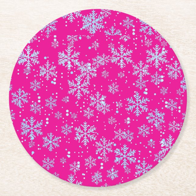 Posavasos Redondo De Papel Paper Coasters, Bright Fuchsia Snowflakes (Anverso)