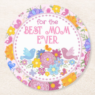 Posavasos Redondo De Papel Para la mejor mamá del mundo flores y mariposa, pá