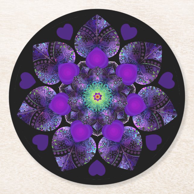 Posavasos Redondo De Papel Paraguas morados y corazones .7 (Anverso)