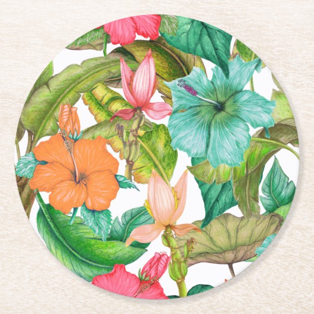 Posavasos Redondo De Papel Paraíso Tropical Hawaiano Patrón floral Hibiscus (Anverso)