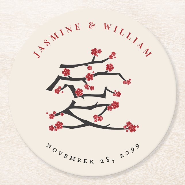 Posavasos Redondo De Papel Partido de compromiso de amor de los cerezos rojos (Anverso)