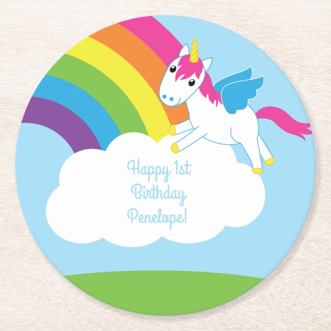 Posavasos Redondo De Papel Partido de Cumpleaños de Unicornio (Anverso)