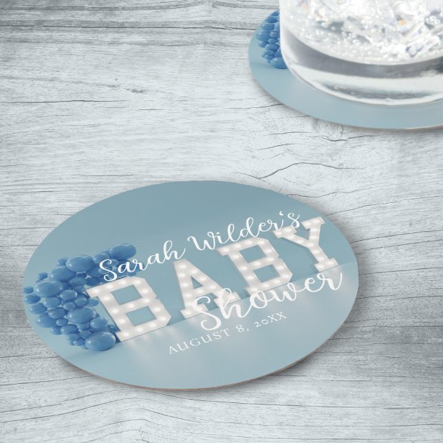 Posavasos Redondo De Papel Pascua de Fiesta Baby Shower de Blue Boy Balloon A (Add your name and baby shower date to these cute coasters)