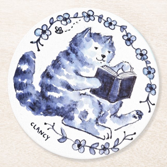 Posavasos Redondo De Papel Pascua de papel de lectura de gato azul (Anverso)