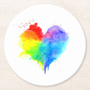 Posavasos Redondo De Papel Pascua del Corazón Arcoiris salpicada