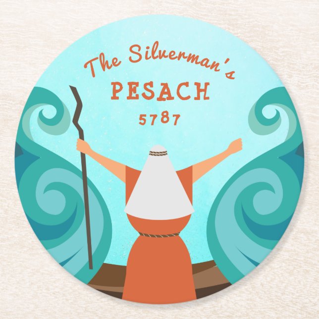 Posavasos Redondo De Papel Passover Azul Verde azulado Marrón Personalizado N (Anverso)