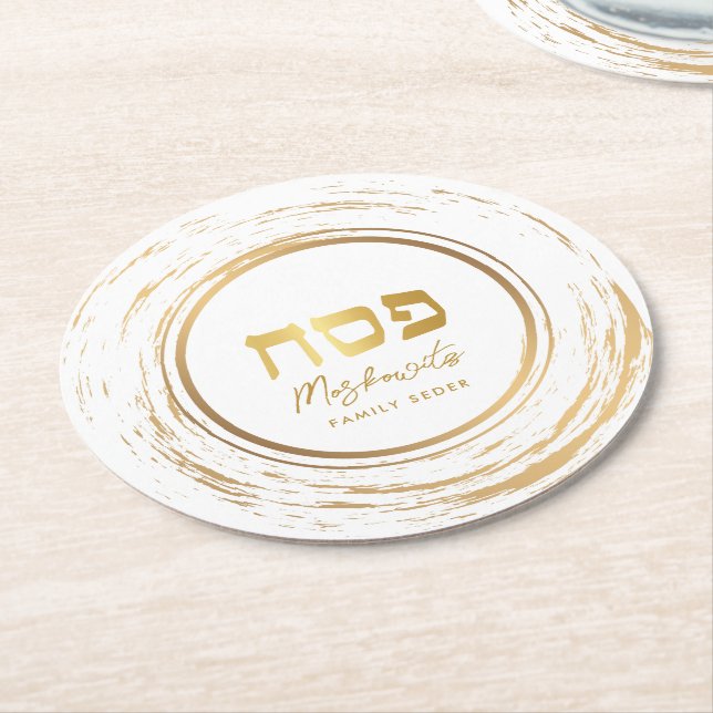 Posavasos Redondo De Papel Passover Seder Elegant Modern Gold Swash (En perspectiva)