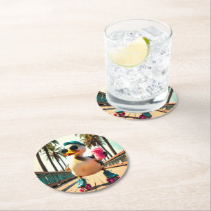 Posavasos Redondo De Papel Pato Patinador Divertido Verano Retro