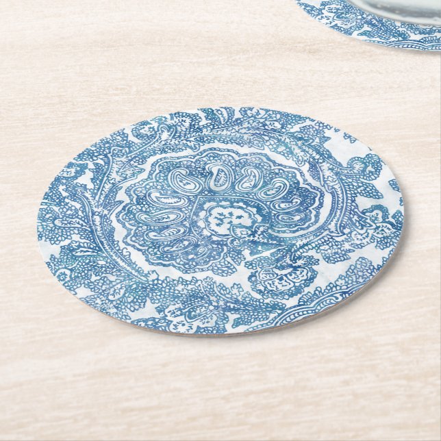 Posavasos Redondo De Papel Patrón azul Boho Paisley (En perspectiva)