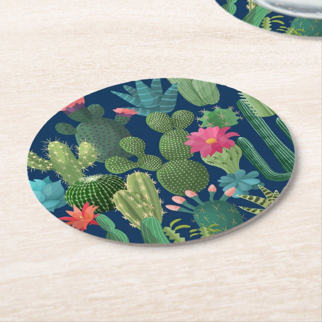 Posavasos Redondo De Papel Patrón Cacti Verde Verde azulado en Blogueo (En perspectiva)