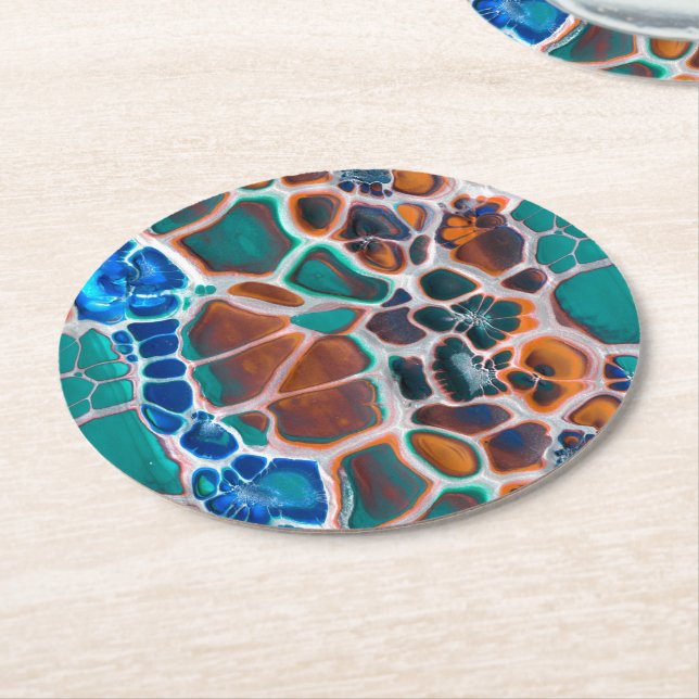 Posavasos Redondo De Papel Patrón de abstración de vidrio manchado Verde azul (En perspectiva)