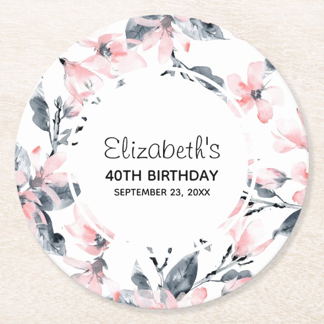 Posavasos Redondo De Papel Patrón de acuarela floral rosa y gris cumpleaños (Anverso)