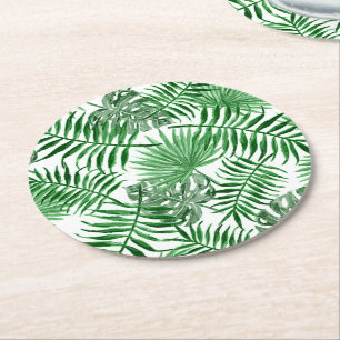 Posavasos Redondo De Papel Patrón de arte de verano de hojas de palma verdes