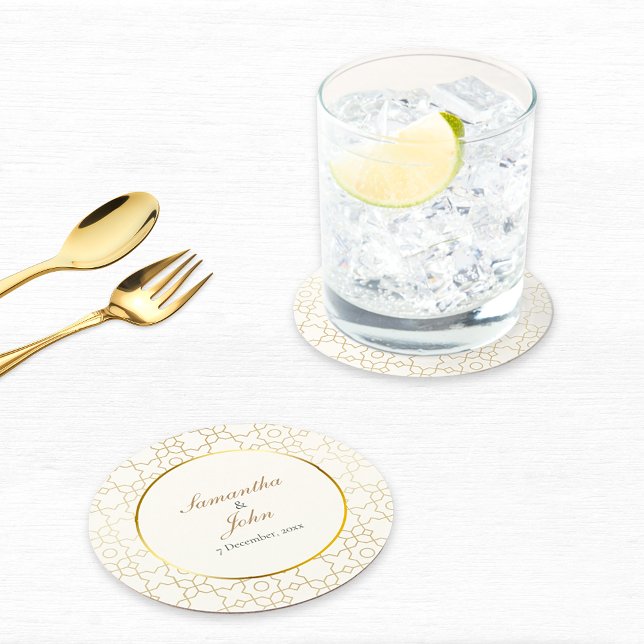 Posavasos Redondo De Papel Patrón de boda art déco geométrico dorado (Gold & Ivory Geometric Art Deco Wedding Paper Coasters)