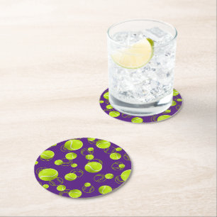 Posavasos Redondo De Papel Patrón de bolas de tenis amarillo morado