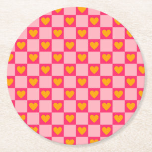 Posavasos Redondo De Papel Patrón de corazones de amor a cuadros rosados rojo
