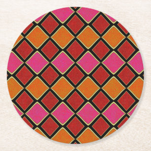 Posavasos Redondo De Papel Patrón de diamante Harlequin vibrante en rojo, nar