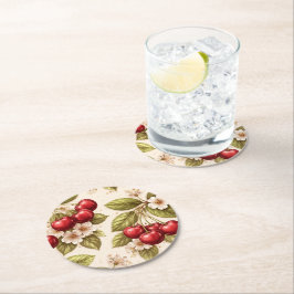 Posavasos Redondo De Papel Patrón de flor de cerezo vintage con cerezas rojas