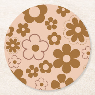 Posavasos Redondo De Papel Patrón de flor hippie de otoño retro y 2K marrón