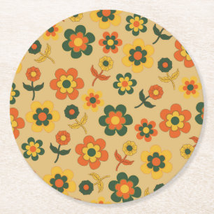 Posavasos Redondo De Papel Patrón de flor retro vintage naranja 70s