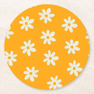 Posavasos Redondo De Papel Patrón de Flor Simple Floral Amarillo Retro Blanco