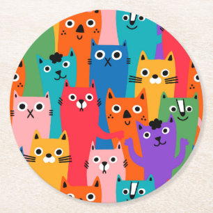 Posavasos Redondo De Papel Patrón de gatos coloridos